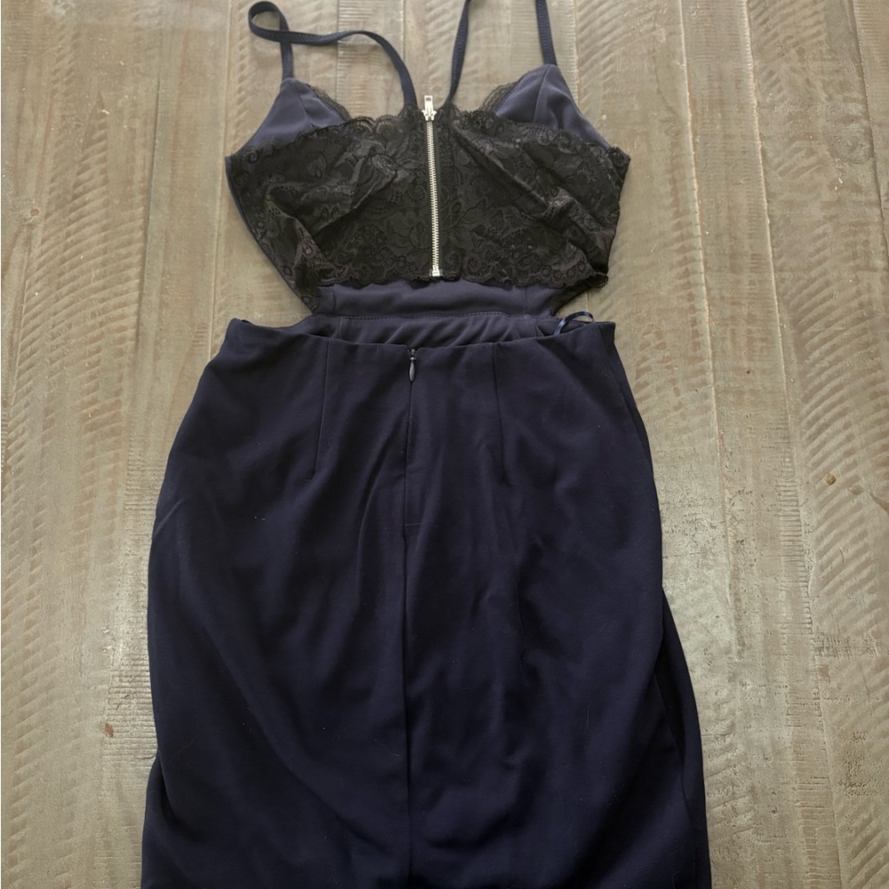 Lush Navy Blue Backless Dress with Black Lace - Picture 2 of 3